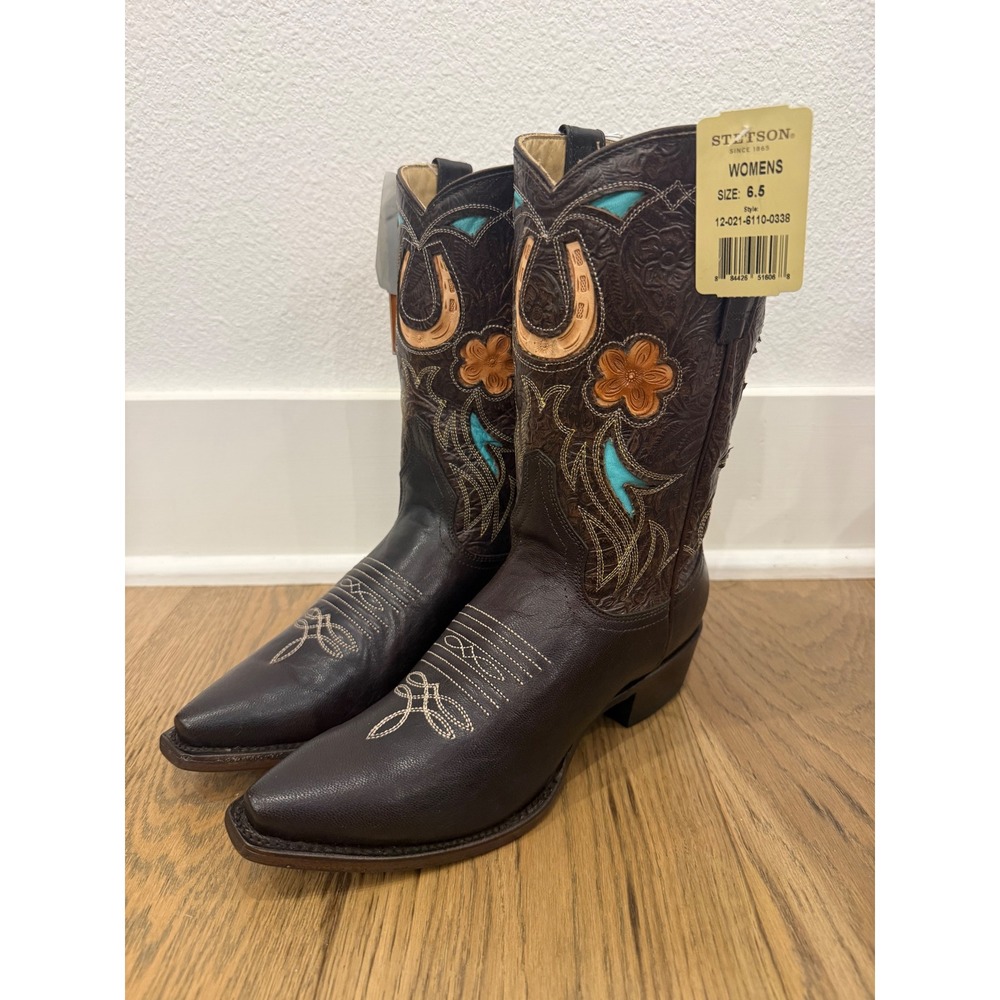 Stetson Womens Willa Inlay Western Boots Snip Toe Brown Horseshoe Floral 6.5